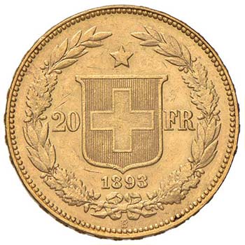 SVIZZERA - 20 Franchi 1893 - AU (g ... 