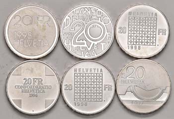 SVIZZERA - Lotto di sei monete: 20 ... 