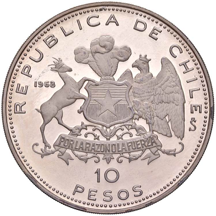 CILE 10 Pesos 1968 - AG (g 44,64)