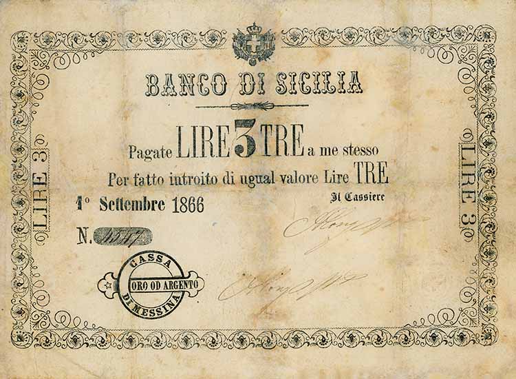 BANCONOTE Banco di Sicilia 3 Lire ... 