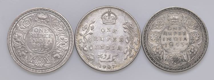 INDIA Lotto di tre rupie 1907, ... 