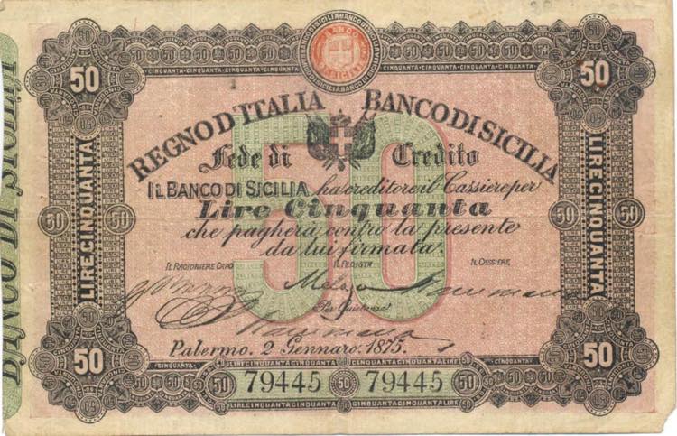 Banco di Sicilia - 50 Lire Fede di ... 
