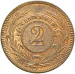 URUGUAY 2 Centimos 1869 H – KM 12 CU (g ... 