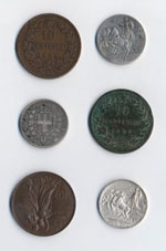 Lotto di 6 monete: lira 1917, 1910, 1863 T, ... 