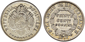 BOLIVIEN - Republik - 20 Centavos 1872, ... 