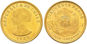 CHILE - Republik. 50 Pesos 1926.  10.15 g. ... 