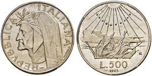 Repubblica italiana - 500 Lire 1965. Dante ... 