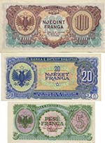 ALBANIA Banconote - 100, 20 e 5 Franga 1945 ... 