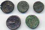 4 Monete greche in bronzo e una in argento ... 