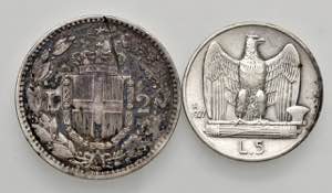 Lotto di 2 monete come da foto: 5 lire 1927 ... 