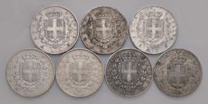 Lotto di sette monete da 5 lire tipo scudo
