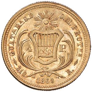 GUATEMALA 4 Pesos 1869 - KM 187 AU (g 6,74)