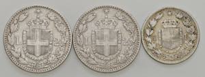 Lotto di tre monete: 2 Lire 1884, 1887, lira ... 