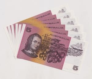 AUSTRALIA - lotto di 6 banconote da 5 ... 