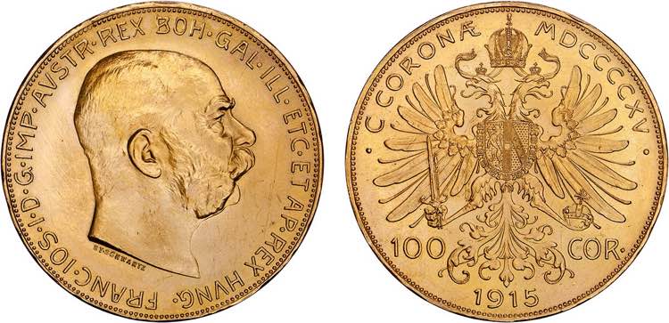 Áustria - Ouro - 100 Corona 1915; ... 