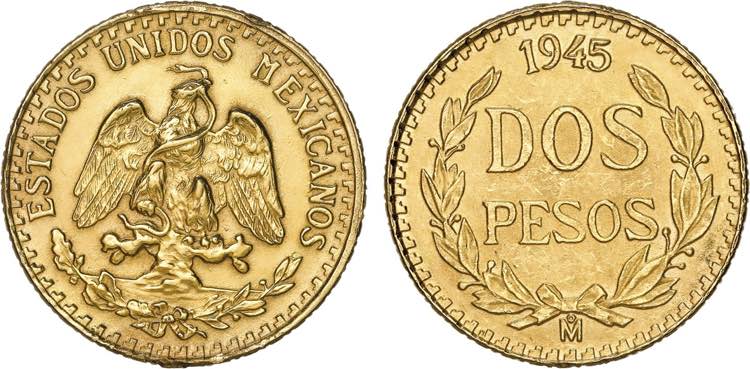 Mexico - Gold - 2 Pesos 1945 Mo; ... 