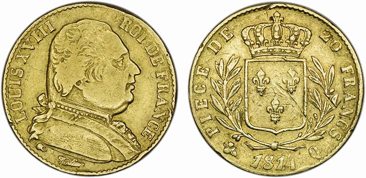 França - Ouro - 20 Francs 1814 Q; ... 