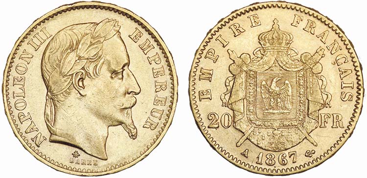 France - Gold - 20 Francs 1867 A; ... 
