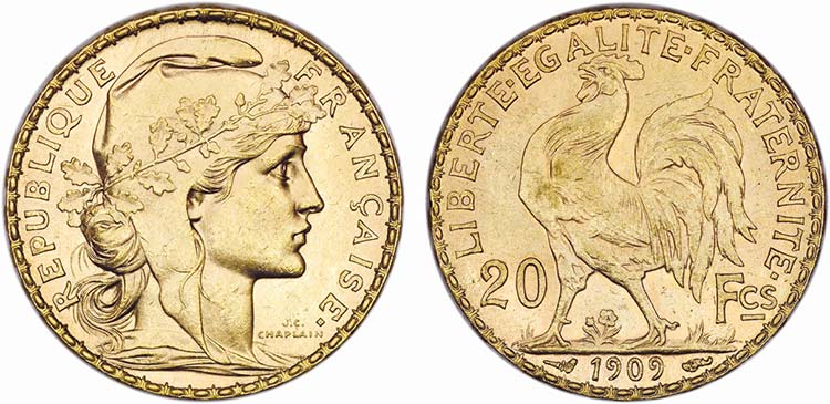 França - Ouro - 20 Francs 1909; ... 