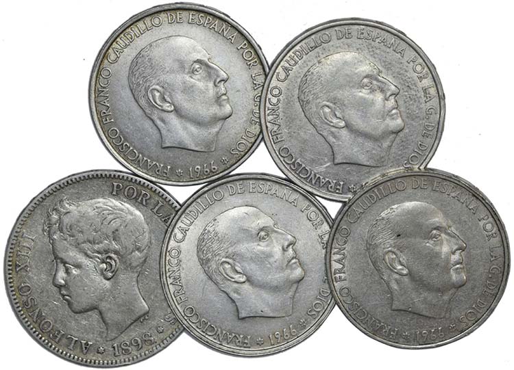 Lot (5 Coins) - Alfonso XIII: 5 ... 