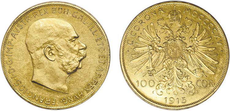Áustria - Ouro - 100 Corona 1915; ... 