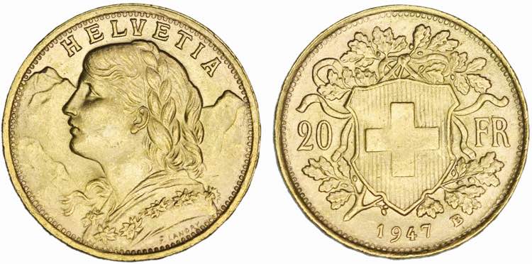 Suíça - Ouro - 20 Francs 1947 B; ... 