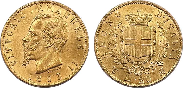 Italy - Gold - 20 Lire 1863; ... 
