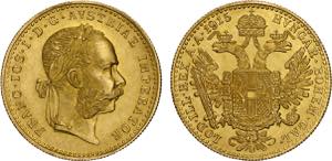 Áustria - Ouro - Ducat 1915; recunhagem; ... 
