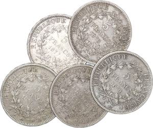 France - Lote (5 Moedas) - 5 Francs 1873 A, ... 