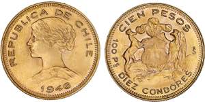Chile - Ouro - 100 Pesos 1946; KM.175; ... 