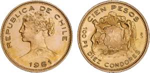 Chile - Ouro - 100 Pesos 1961; KM.175; ... 