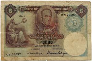 Paper Money - Banco de Portugal - 5 Escudos ... 
