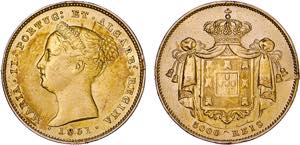 D. Maria II - Ouro - 5000 Réis 1851; ... 