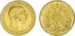 Áustria - Ouro - 20 Corona 1915; ... 