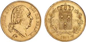 França - Ouro - 40 Francs 1818 W; Louis ... 