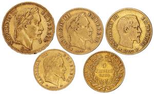 França - Lote (5 moedas) - Ouro - 20 Francs ... 