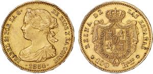 Espanha - Ouro - 100 Reales 1864; Madrid; ... 