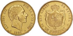 Espanha - Ouro - 25 Pesetas 1881 MS-M; ... 