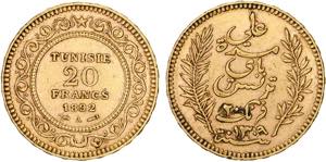 Tunisia - Gold - 20 Francs 1892 A; KM.227 ; ... 