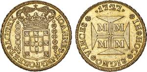 D. João V - Ouro - Dobrão 1727 M; brilho ... 