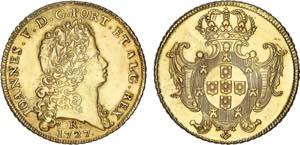 D. João V - Ouro - Dobra 1727 R; vestígios ... 