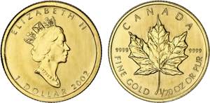 Canadá - Ouro - 1 Dollar 2002; folha de ... 