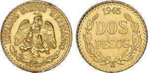 México - Ouro - 2 Pesos 1945 Mo; ... 