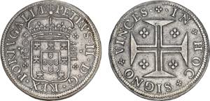 D. Pedro II - Cruzado 1683; pontos no campo; ... 