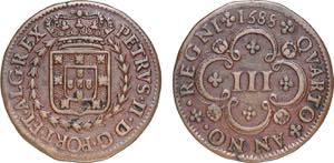 D. Pedro II - III Réis 1688; cobre; eixo ... 