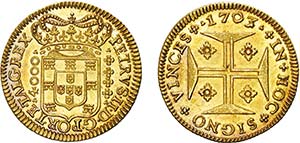D. Pedro II - Ouro - Moeda 1703; eixo ... 