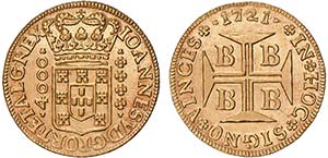 D. João V - Ouro - Moeda 1721 B; serrilha ... 