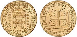 D. João V - Ouro - Meia Moeda 1715 B; v.s.; ... 