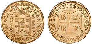 D. João V - Ouro - Meia Moeda 1716 B; ... 