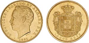 D. Luís I - Ouro - 10 000 Réis 1881; ... 